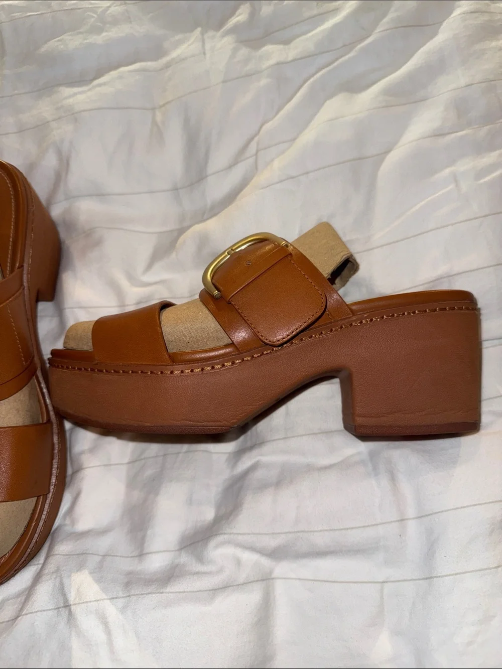 Fitflop Brown Platform Slide Sandals with Gold Buckle